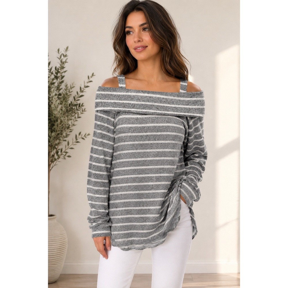 NWT Boutique Lavender Field Women's Gray/White Striped Knit Off Shoulder Top, L